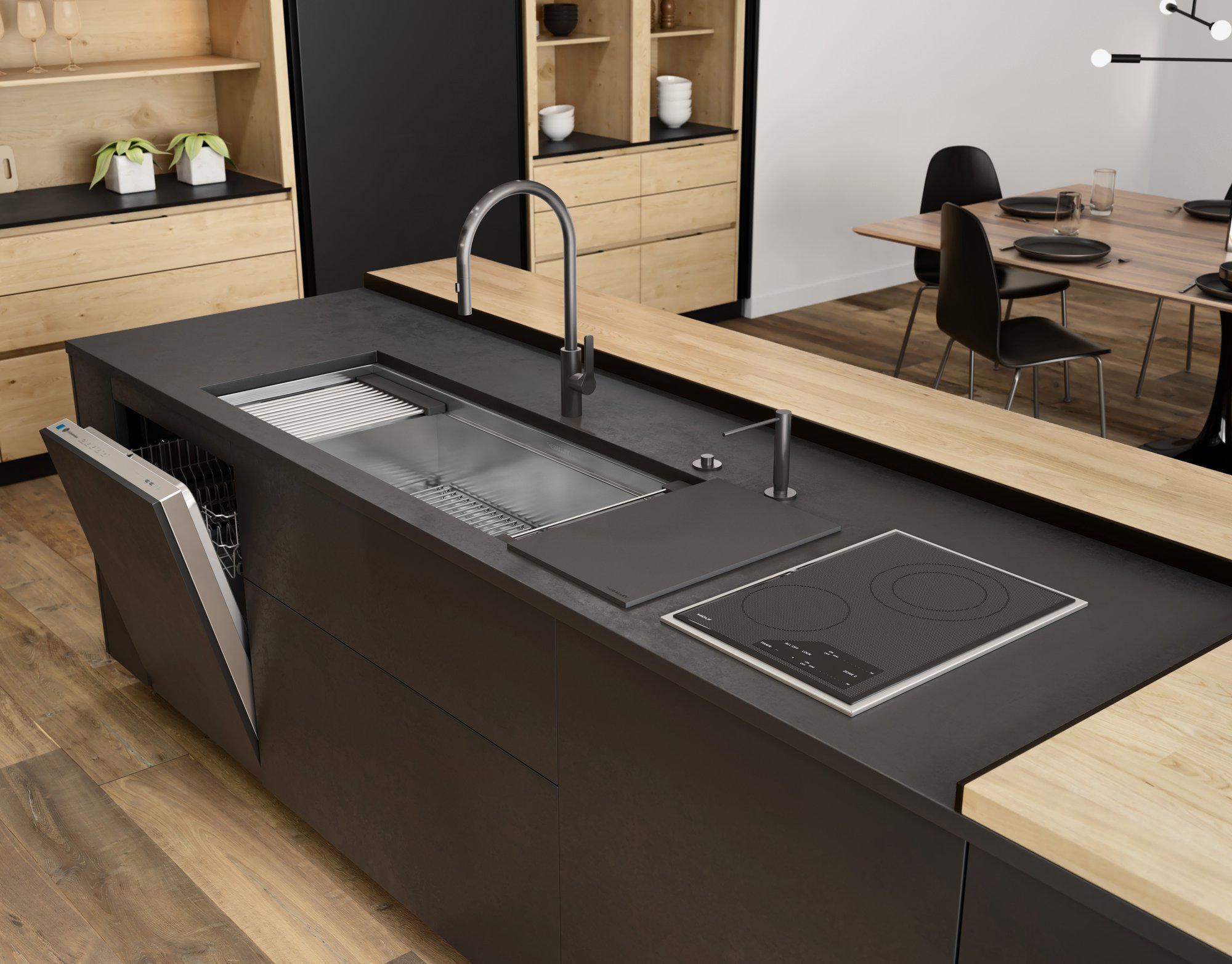 small_IWS 4S + 18 DryDock in Graphite Wood Composite with Gun Metal GrayTM Tap, Soap Dispenser and Deck Switch